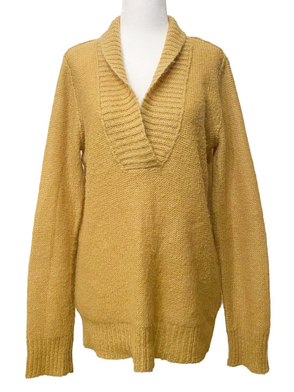 J CREW Yellow Chartreuse Mohair-Wool Blend Ribbed Shawl Collar Pullover Sweater